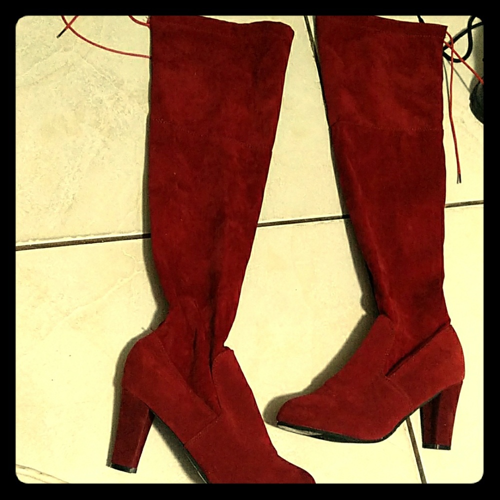 Red above knee boots